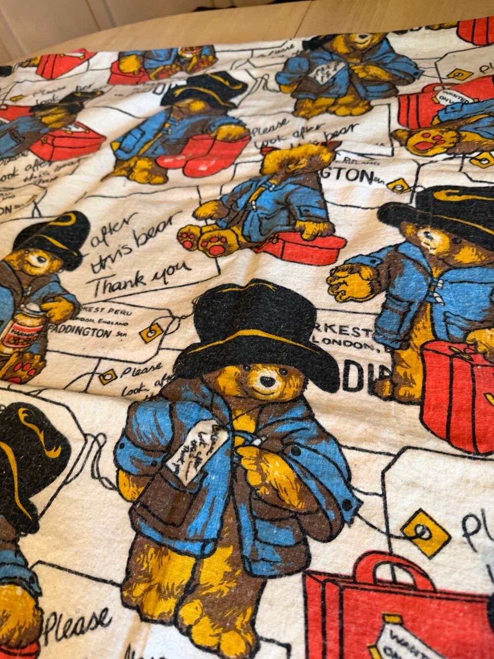 Vintage Paddington Bear Cotton Sheet Throw 78x59 White Blue Kidcore flannel